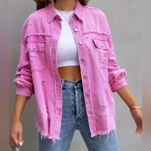 Womans long sleeved, distressed, pink denim shirt/jacket